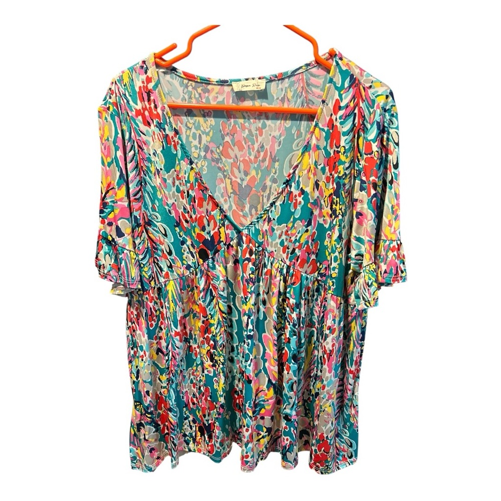 Beeson River Multicolor V-Neck Babydoll Blouse Ruffle Sleeves